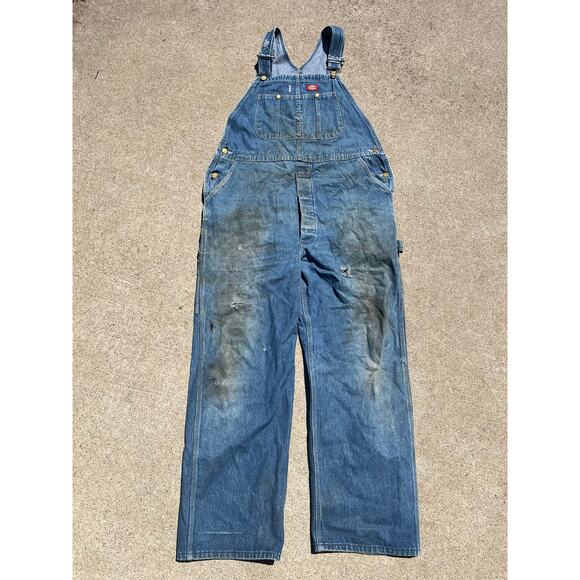 Vintage Dickies Overalls Men Size 42x32 Blue Distressed Cotton Denim Button Fly - Picture 1 of 13